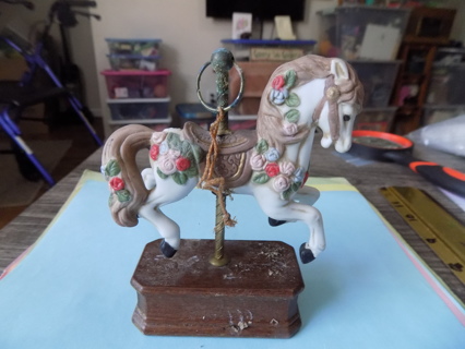 5 inch tall fine porcelain carousel horse on wooden base