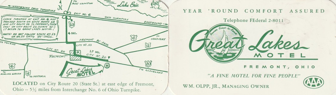 Vintage Business Card: Great Lakes Motel, State Street, Fremont, OH