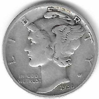 Vintage 1936 Mercury Dime 90% Silver U.S. 10 Cent Coin