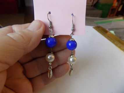 Earrings French Hook dangles royal blue lg bead, lg pearl, twisted gold bead