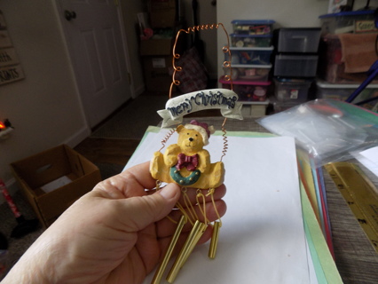 Christmas windchimes with teddy bear holding a wreath 9 inches tall 