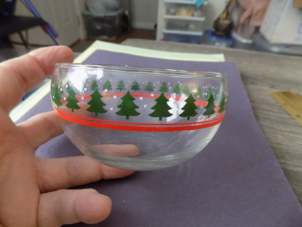 clear glass cereal bow 4  1/4 round painted trees, snowflakes, red stripe
