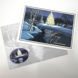 Christmas Tree, Church on Water Greeting Card 