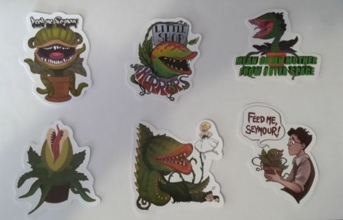 6 - "HUNGRY AUDREY & SCARED SEYMOUR " LITTLE SHOP OF HORRORS / STICKERS.