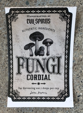 HALLOWEEN LIQUOR BOTTLE LABEL CONTAINS 2 FUNGI AND MOON WATER