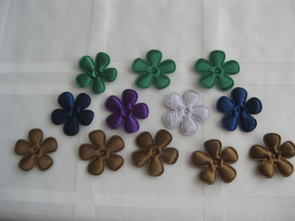 12 puffy diff. colors fabric flower shape patches, 1.5"