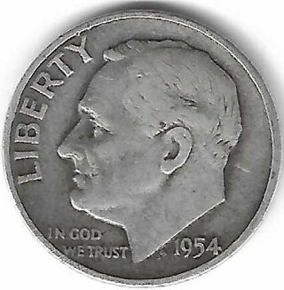 Vintage 1954 Roosevelt Dime 90% Silver U.S. 10 Cent Coin