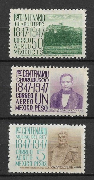 1947 Mexico ScC182-4 Centenary of the Battles of Chapultepec, Churubusco and Molino del Rey MNH