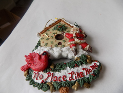 4 1/2 inch resin birdhouse, Santa and Cardinal ornament says No place like home