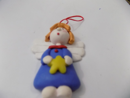 3 inch polymar clay angel ornament blue gown blonde hair holds star