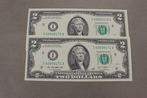 2- $2.00 BILLS WITH SERIAL # IN SEQUENCE