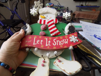 Vintage 14 inch wooden cut out snowman wall hanging Let it snow