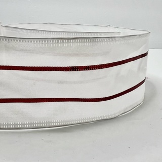 White Satin Red Stripe 2.5” Wire Edge Ribbon 