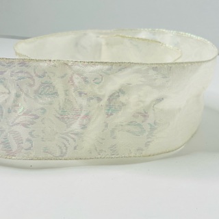 Off White Iridescent Floral 2.5” Wire Edge Ribbon 