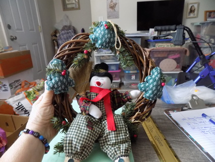 12 inch round woven twigs snowman door wreath in green checkered oufit