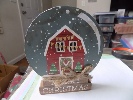 Wooden cut out snowglobe with red barn scene  painted says Merry Christmas