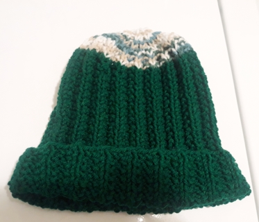 Handmade Knit Beanie Hat (dark green with multicolored top)