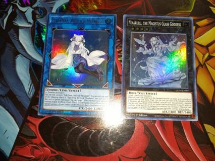 2 Yugioh Cards Ultra Holo Yuki Onna the icicle mayakashi and Super Holo Ninaruru glass goddess