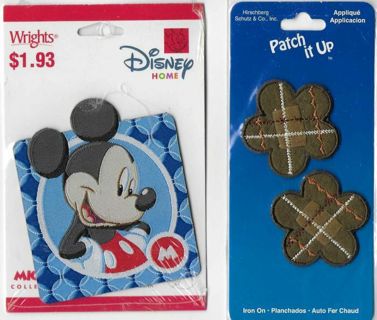 2 NEW in PACKAGE Mickey Mouse & Patch Flower APPLIQUES for CLOTHING or CRAFTS