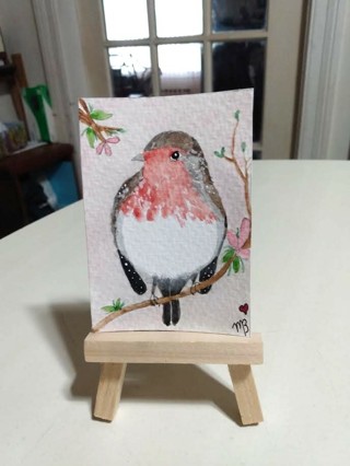 ACEO Original, Watercolor Painting 2-1/2"X 3/1/2" Robin Bird by Artist Marykay Bond