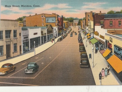 Vintage Unused Postcard: Linen: Main Street, Meridan, CT