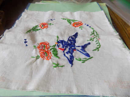 Vintage hand embrodery blue bird of happiness and orange flower sampler 9 inch square