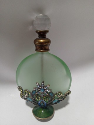 Perfume Bottle Antiqued Brass Frosted Glass Cloisonne Flower hand cut crystal