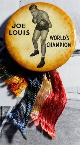 Joe Louis World's Champion Heavy Weight Boxer Souvenir Pinback Button ca. 1940's WITH RIBBON RARE!