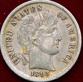 1893 P Dime, Barber, Circulated, Great Date and Features, Refundable, Insured, Rare.....