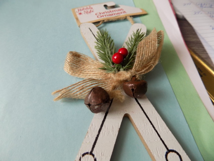 Holiday Style NIP crossed wood skies ornament pink branch, holly,burlap,jingle bells