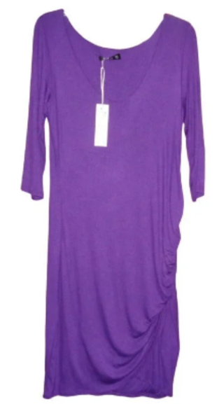 New Purple Fitted Sheath Tulip Dress XXL Ruching 3/4 Sleeve Stretch Knit