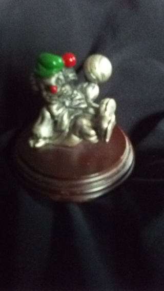 Pewter Clown with ball, George Wood ,2" wood base 