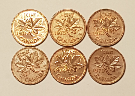Lot 6 Coin Canada 1 Cent Penny 1974 1975 1976 1977 1978 1979
