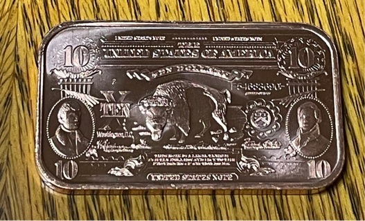 1 Oz .999 Fine Copper Bar 10$ Bison Note