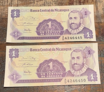 Pair of Nicaragua One Centavo Banknotes