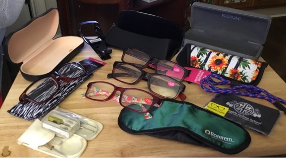 Reading glasses, cases, tools