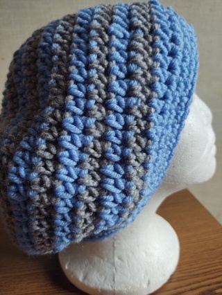 Hand Crocheted Blue and Gray Slouch Hat 