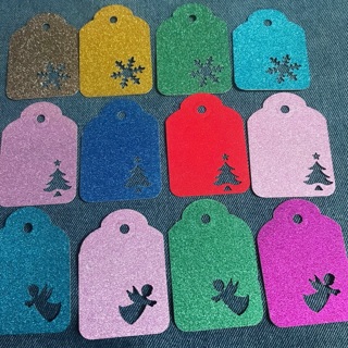 12 Handmade Glitter Christmas Tags with Cutouts, Free Mail 