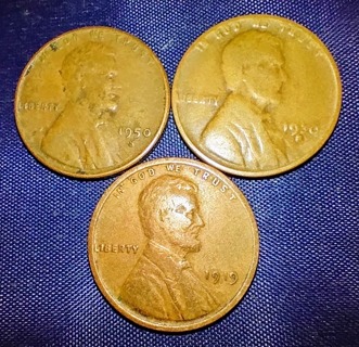 COINS THREE WHEAT PENNIES 1950 S 1919 P AND RARE 1930 S BUY THESE BEAUTIES WHILE YOU CAN.