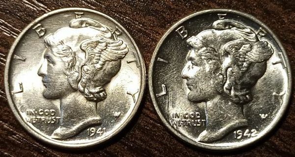 1941 & 1942 USA Mercury Silver Dime Brilliant Full bold dates!