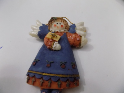 3 inch resin angel ornament blue & rust gown holds yellow present