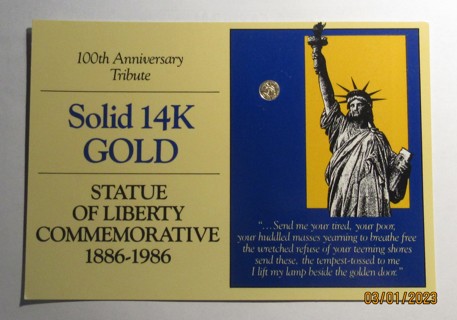 ★★ 1986 STATUE OF LIBERTY COMMEMORATIVE ★★ **14K SOLID GOLD W COA**