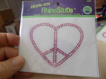 NIP pink iron on rhinestone heart with peace sign # 2