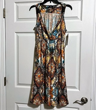 BNWT Women's Turquoise Brown Print Sleeveless Beaded Accent Knee Length Dress