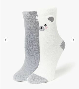 New Soft Womens Forever 21 Cute Bear Crew Socks Set 2 pack One Size Gray White