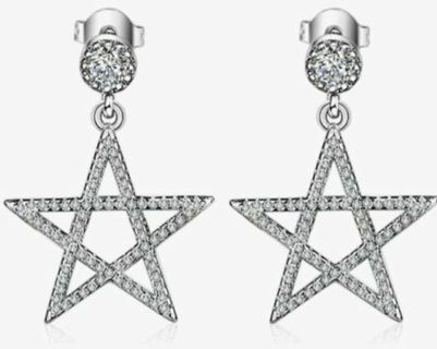 Pentagram rhinestones drop earrings sparkly silvertone studs talisman protection