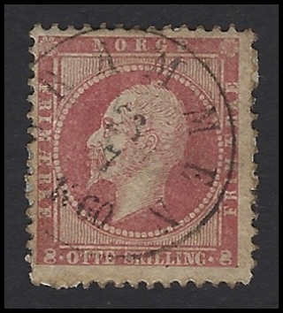 1856 Norway 8 skilling stamp, used, very fine, Scott #5, nice 1860 cancel, Est CV $57.10