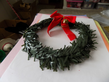 7 inch round handmade wreath of pine garland & red velvet bow, jingle bell