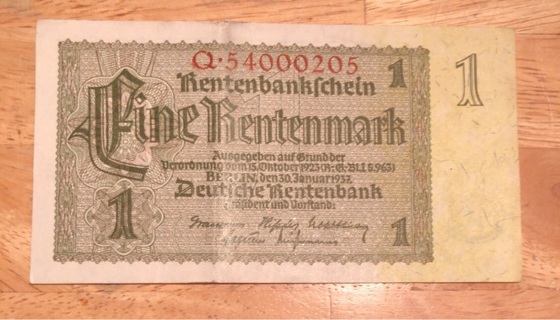 1937 Nazi Germany Eine Rentenmark Note 