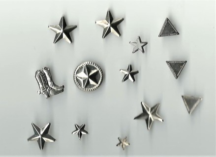 Stars, Triangle, & Cowboy boot  Silver tone claw bead, rivet,stud